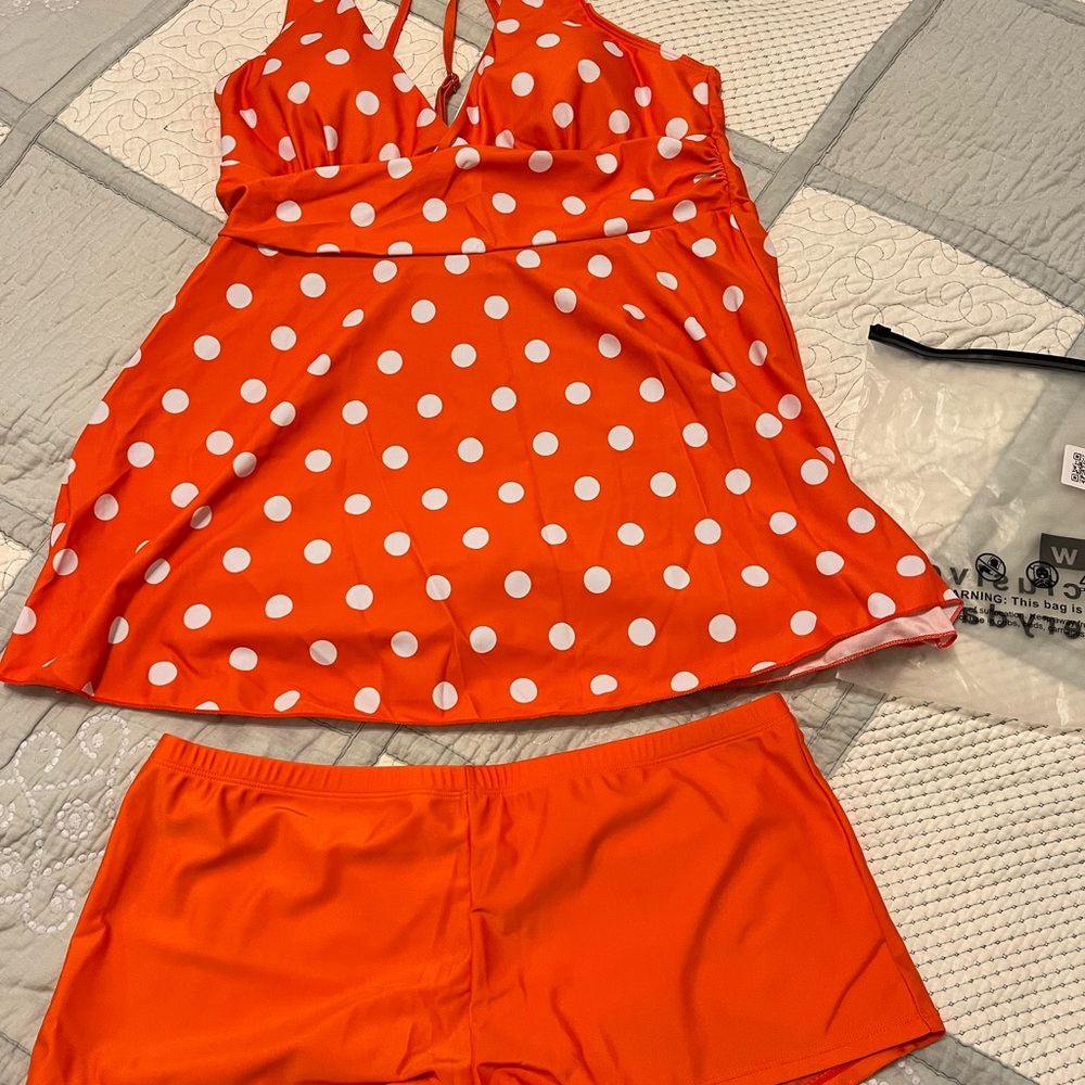 Orange Polka Dot Cross Over Tankini